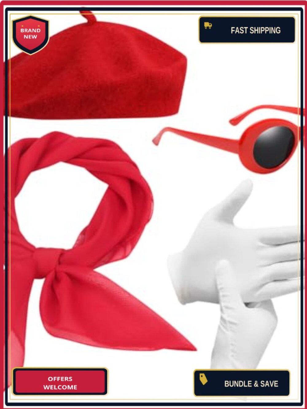 French Artist Costume Accessory Set Red Beret Scarf Sunglasses Gloves 4 Pc